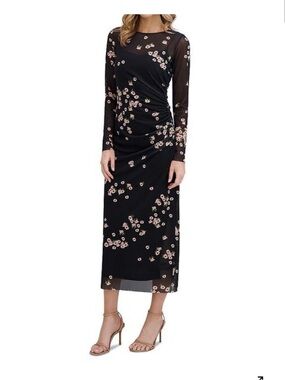 Ted Baker Mesh Column Dress NWT XS Black Midi Dress with Pink Floral Print